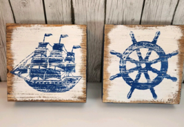 Nautical Wall Decor Ship Wheel &amp; Sailboat Set 8in Blue Wood Hobby Lobby ... - $272.68 MXN