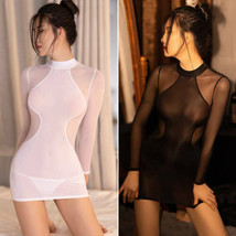 Women&#39;s See-through Long Sleeve Bodycon Mini Dress Party Shiny Stretch Lingerie - £10.50 GBP