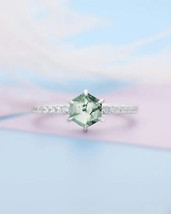 Hexagon Green Moss Agate Gemstone 14k White Gold Solitaire Bridal Wedding Ring - £861.98 GBP