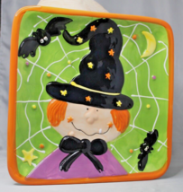 Halloween Witch Happy Spider Web Bats Plate Ceramic Studio 33 Square 9.5&quot; - £11.99 GBP
