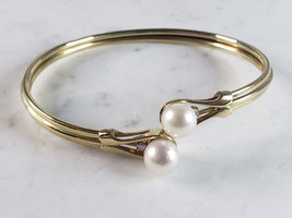 Womens Vintage Estate 14k Gold Pearl &amp; Diamond Bangle Bracelet 12.9g E2935 - £1,206.80 GBP