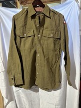 VTG US Army WW2 Shirt Olive Drab Wool Flannel Green w/ patch sz 15/33 - $49.49