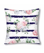 InterestPrint? Navy Striped Print With Bouquets Throw Pillow Cover 18"x 18"(Twin - £11.18 GBP