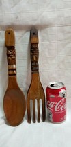 Vtg Oversize HUGE WOOD FORK &amp; SPOON Tiki Polynesian 12&quot; TALL Carved Wall... - £16.04 GBP