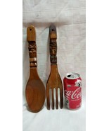 Vtg Oversize HUGE WOOD FORK &amp; SPOON Tiki Polynesian 12&quot; TALL Carved Wall... - £15.92 GBP