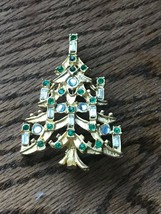 Estate Goldtone Branchy w Green &amp; White Rhinestone Accents Christmas Tree Pin - £15.35 GBP