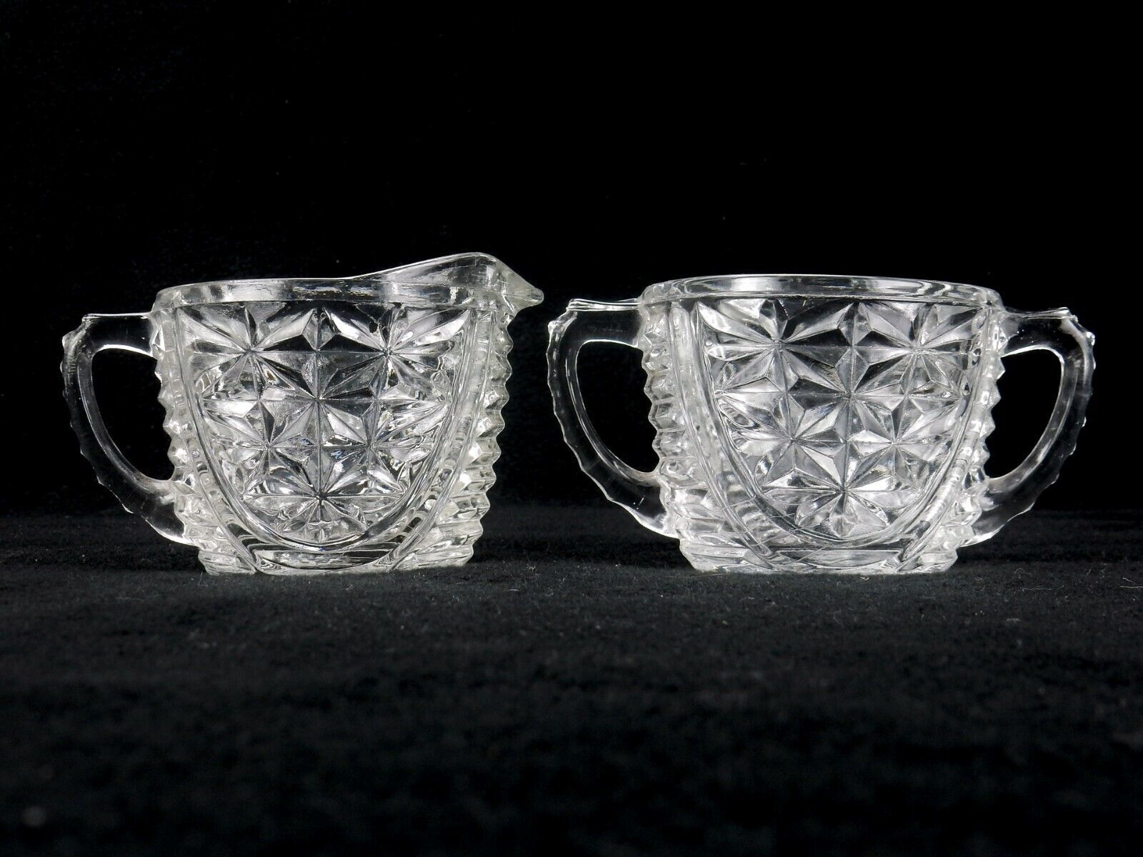 Anchor Hocking Vintage Glass Creamer & Sugar, Stars & Bars, Thumbprint Handles - $19.55