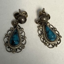 GA 01 Turquoise &amp; 925 Sterling Silver Stud Pierced Earrings Art Clay Mexico VTG - £14.84 GBP