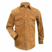 Men&#39;s Brown Real Soft Suede Leather Shirt Pure Lambskin Shirt Handmade C... - £88.02 GBP+