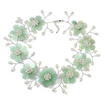 Sublime Floral Light Green Aventurine-Freshwater White Pearl Necklace - £46.84 GBP