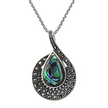 Mesmerizing TearDrop Peacock Abalone Marcasite .925 Sterling Silver Necklace - £24.73 GBP