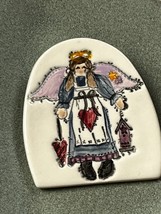 Handmade Large Cream Pottery w Stamped Country ANGEL Holding Birdhouse &amp; Heart - £10.29 GBP