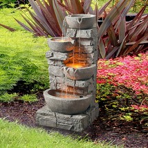 Outdoor Water Fountain Stacked Stone 3 Tiered Waterfall LED Decor With Pump - £199.92 GBP