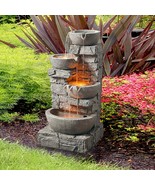 Outdoor Water Fountain Stacked Stone 3 Tiered Waterfall LED Decor With Pump - $4,724.72 MXN