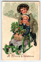Christmas Postcard Children Girl On Sled Snow Flakes Icicles Germany Emb... - $20.43