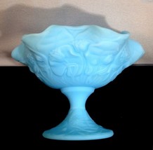 Fenton Water Lily Blue Satin Custard Pedestal Candy Dish Ruffle Rim 7 1/... - $17.77