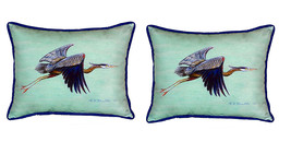 Pair of Betsy Drake Flying Blue Heron - Teal Small Outdoor Pillows 11X 14 - £55.56 GBP