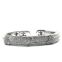 Vintage Sterling Silver Judith Ripka Cable Triple Heart CZ Hinged Cuff Bracelet - £151.85 GBP