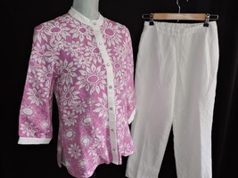 Bob Mackie Wearable Art Pant Set 2 Piece Linen Sequin Floral Pearl Buttons Sz XS - £35.76 GBP