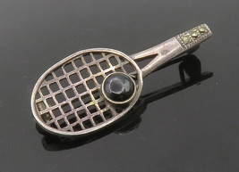 925 Sterling Silver - Vintage Black Onyx Tennis Racket Motif Brooch Pin ... - $27.99