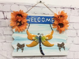 Welcome Door Sign Wood Metal Dragonfly Floral Hanging Handmade 14x11 New - £11.06 GBP