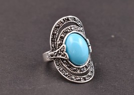 Rodio Pulido Handcrafted Ovalado Larimar Mujeres Elegante Anillo de Diseño Daily - £18.14 GBP+