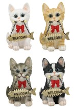 Set of 4 Cats Black White Tabby Grey Kittens With Fish Bones Welcome Fig... - $54.99