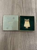 Vintage Avon Rhinestone Owl Brooch Pin Perfume Holder Locket with Box Gold Tone - $15.83