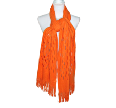 Orange Scarf Knit Long Laser Cut Out Fringe Shawl Cover Up Soft Light 84... - $19.32