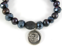 BLACK PEARLS Glass LAVA ROCK BEAD Bracelet Vintage Beaded Elastic Stretc... - $27.05 CAD