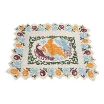 Vintage Filet Lace Table Topper Mythological Scene Peacock Cherub Scalloped Edge - $21.60