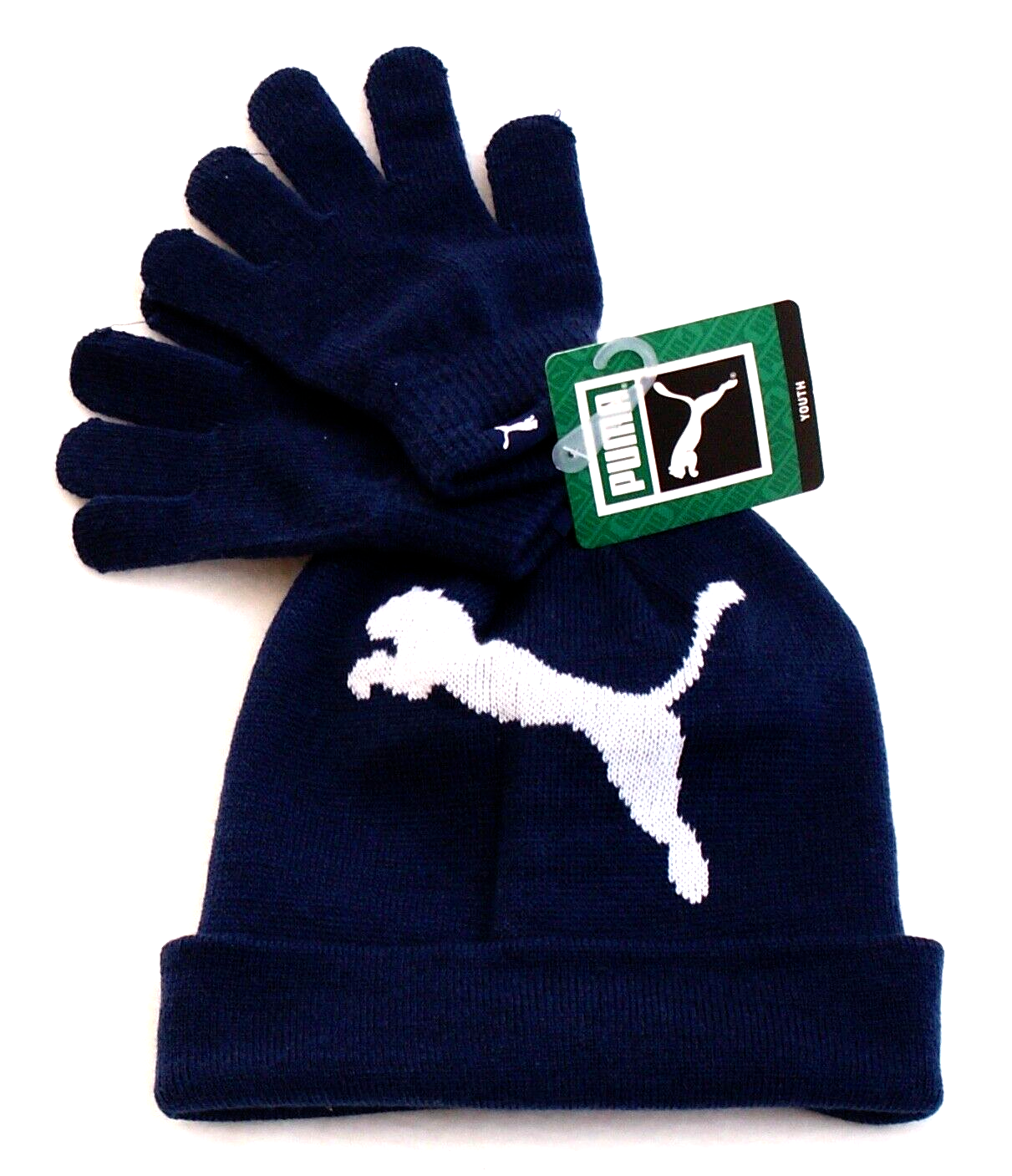 Puma Blue Knit Cuff Beanie & Knit Stretch Gloves Youth Boy's 8-20 NWT - £27.21 GBP