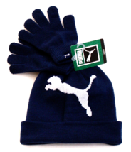 Puma Blue Knit Cuff Beanie &amp; Knit Stretch Gloves Youth Boy&#39;s 8-20 NWT - £27.68 GBP