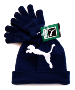 Puma Blue Knit Cuff Beanie &amp; Knit Stretch Gloves Youth Boy&#39;s 8-20 NWT - £27.21 GBP