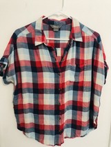 Natural Reflections Size Medium Red Blue Plaid Button Up Short Sleeve Shirt Top - £14.48 GBP