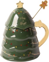 14oz Green Xmas Tree Coverd Mug W-Xmas Lights And Gold Stirrer Set of 2 - £47.43 GBP