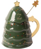 14oz Green Xmas Tree Coverd Mug W-Xmas Lights And Gold Stirrer Set of 2 - £47.70 GBP