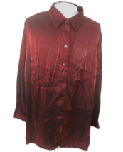 Sag Harbor Woman Top Tunic Button up l/s shirt red shiny holiday Xmas pl... - £18.13 GBP