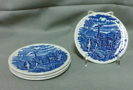 4 Dickens Series English Ironstone Blue Stage Coach Carriage Coasters Set  - £19.74 GBP