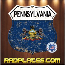 Vintage Rustic Look Pennsylvania Flag Highway Aluminum Shield Sign Gift 12&quot; - £15.40 GBP