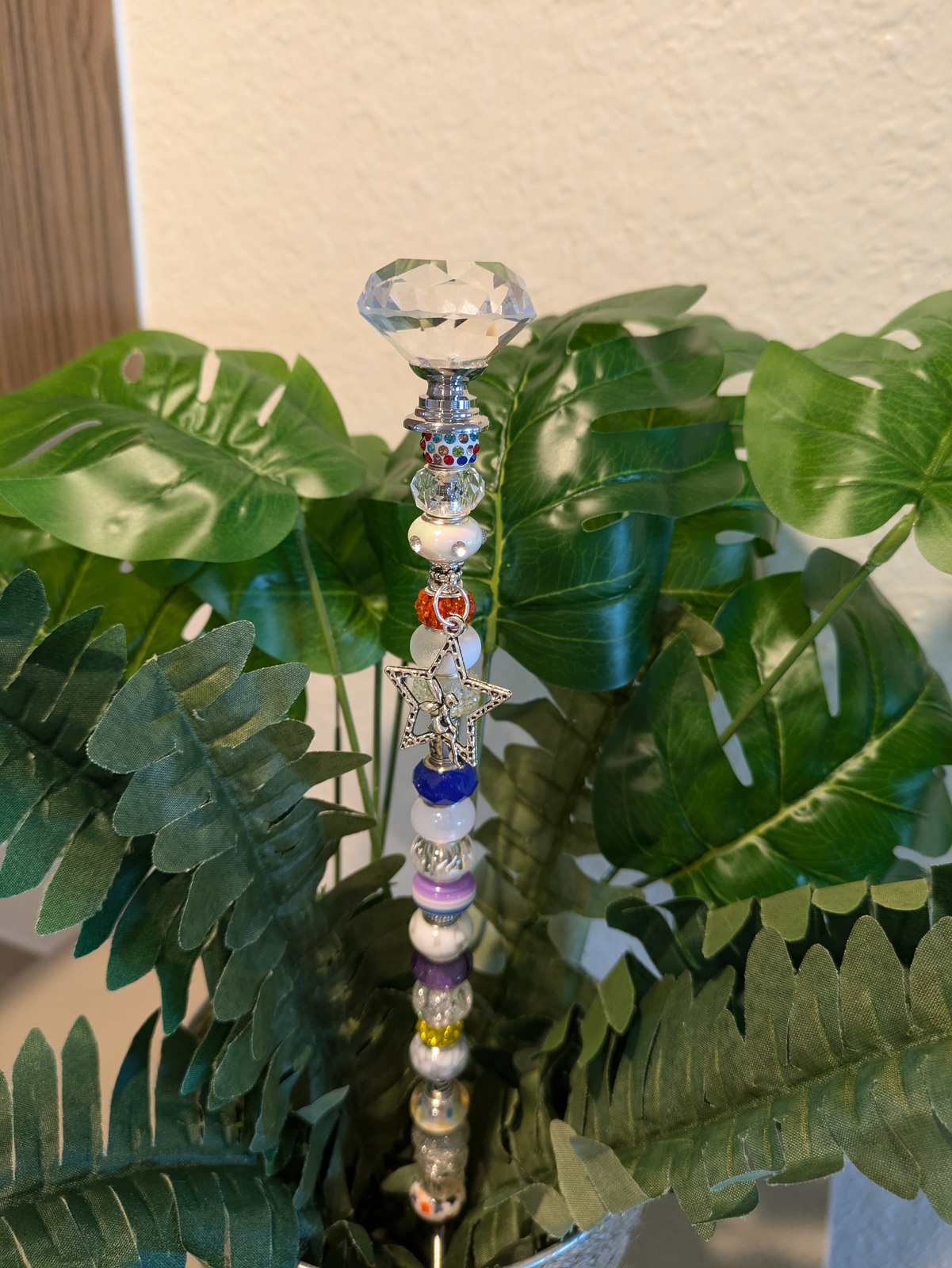 Fairy Wand Garden Stake with Clear Crystal Top Multi-color Beads &amp; Fairy... - $18.00
