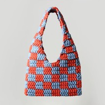 Checkerboard Bold Hand Crocheted Shoulder Bag, Trendy Casual Bag, Beach Bag - £31.59 GBP