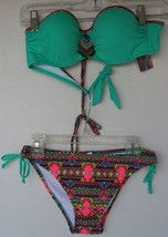 New! BIKINI Womens Size Small Teal Green Top Ties at Neck, Patterned Bot... - $17.81