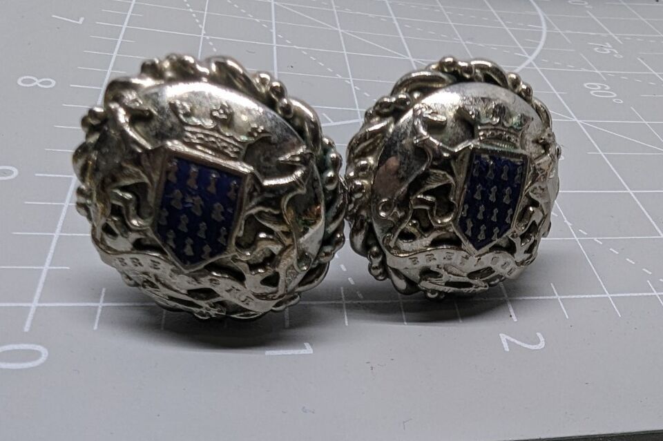 Vintage Silvertone Royal Blue SHIELD COAT of ARM Clip-On Earrings  tlc - $14.85