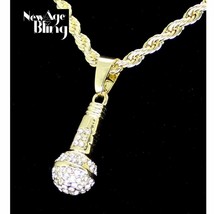 Iced Microphone Rhinestone Pendant 14k Gold Plated 24&quot; Rope Necklace Hip Hop  - £7.97 GBP