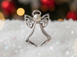 Vintage Silver Angel Brooch Pin | Faux Pearl Christmas Gift - $18.99