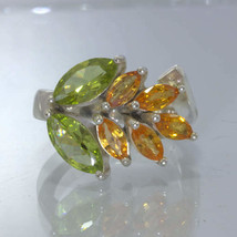 Green Peridot Orange Sapphire Marquise Flower 925 Ring Size 7 Floral Design 40 - £91.13 GBP