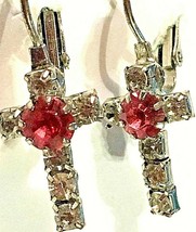 Vintage Cross Pink Pronged Rhinestone Pierced Earrings well made   SKU 038-68 - £27.37 GBP