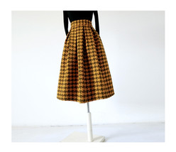 Winter Yellow Houndstooth Skirt Women Custom Plus Size Midi Pleated Skirt image 3