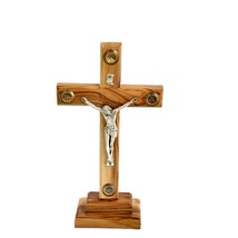 Olive Wood Standing Altar Cross w/ Crucifix 4 Relics Holy Soil Jerusalem... - $24.25